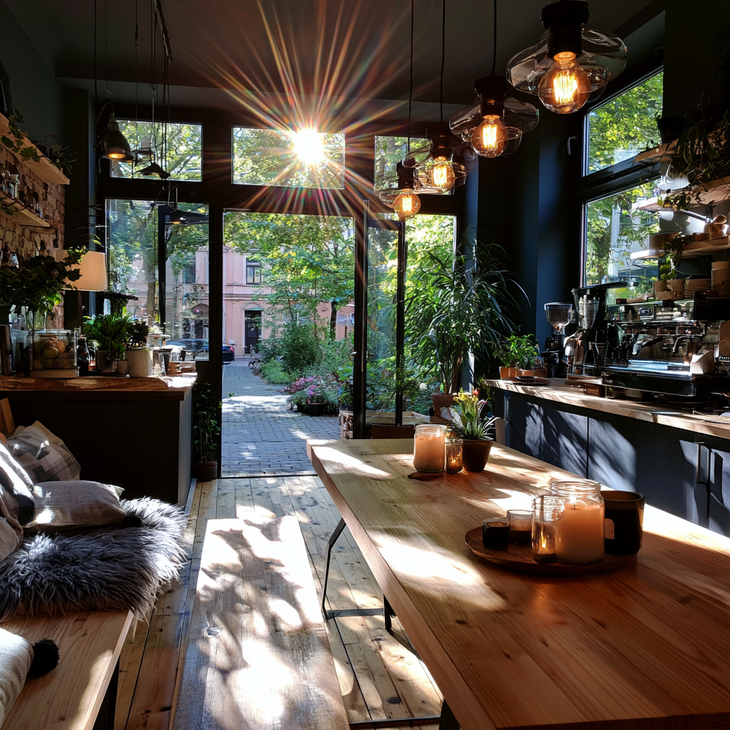 Kleines Café mit offener Tür, Sonnenlicht fällt auf Holztische, ein leerer Platz wartet