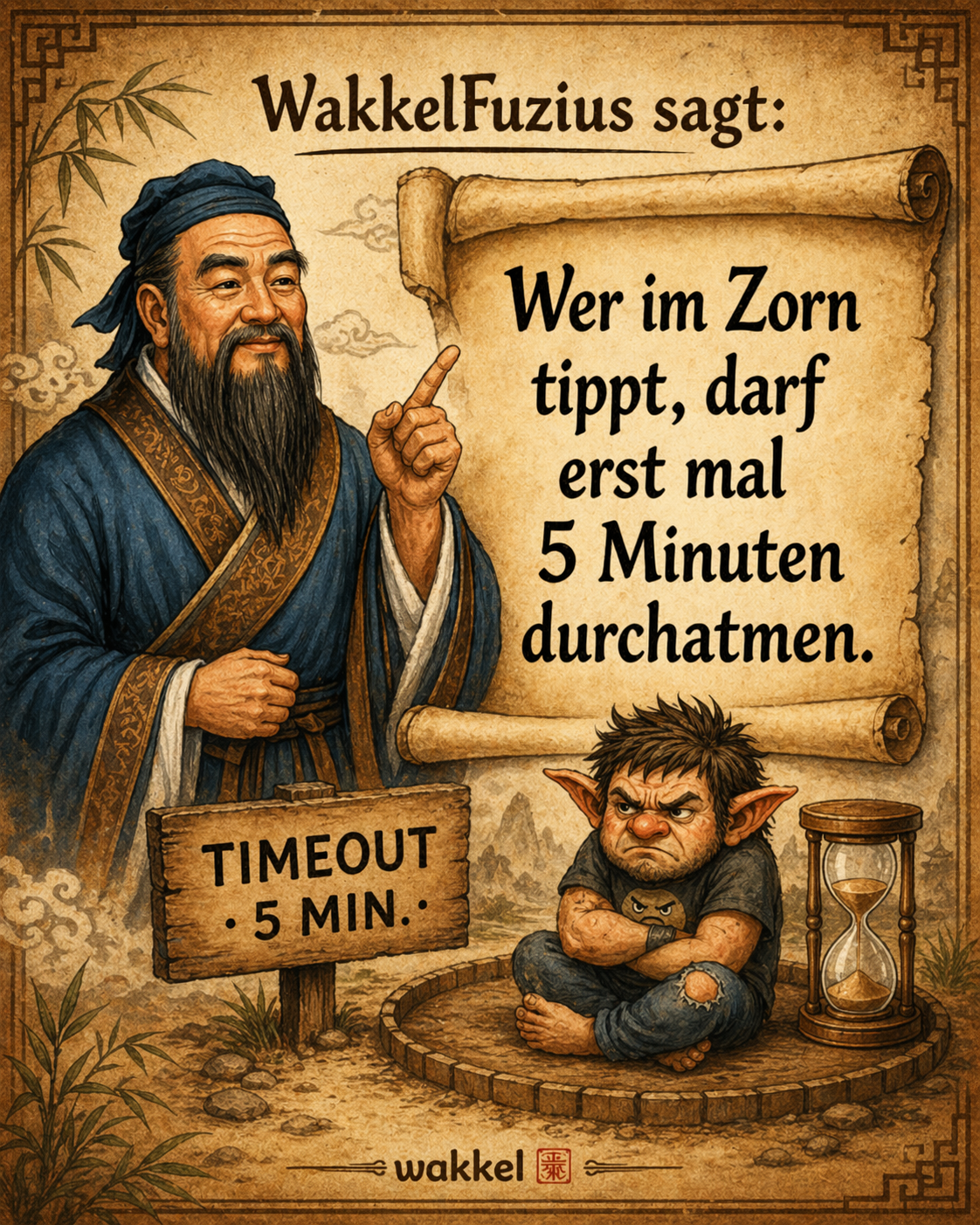 WakkelFuzius mit Sanduhr – fünf Minuten Pause zwischen Gefühl und Tastatur