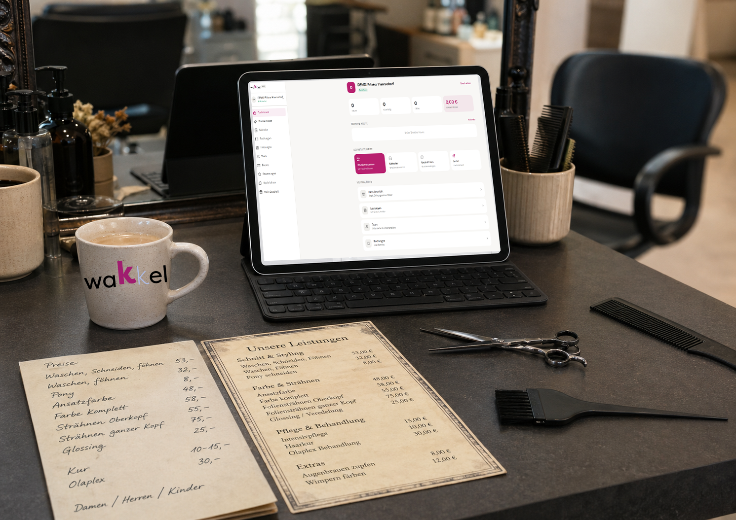 Friseursalon-Inhaberin tippt entspannt auf dem Tablet, während im Hintergrund der Salon läuft