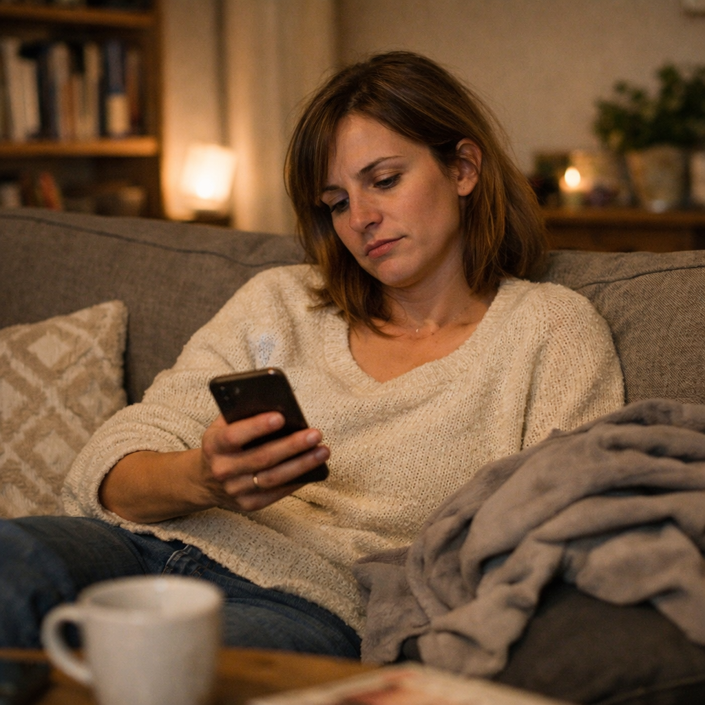 Frau sitzt abends entspannt auf dem Sofa und bucht einen Termin auf dem Smartphone
