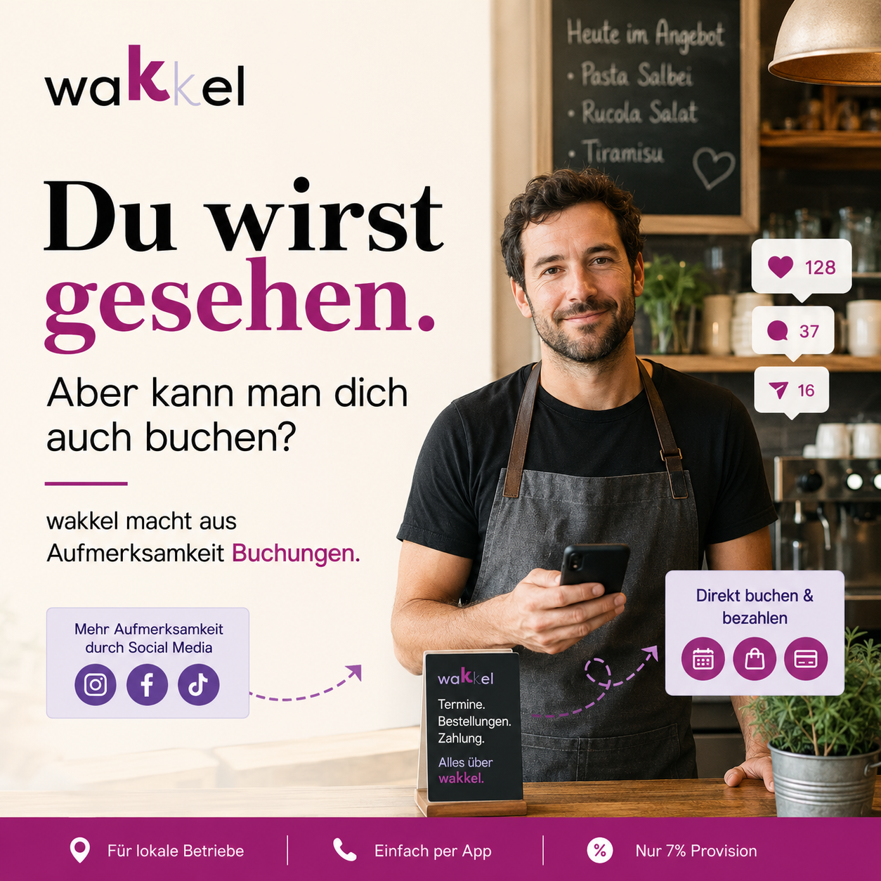 Gastronom mit Schürze hinter dem Tresen seines Cafés, in der Hand ein Smartphone; daneben Likes und Kommentare aus sozialen Netzwerken und der Hinweis, dass man direkt buchen und bezahlen kann