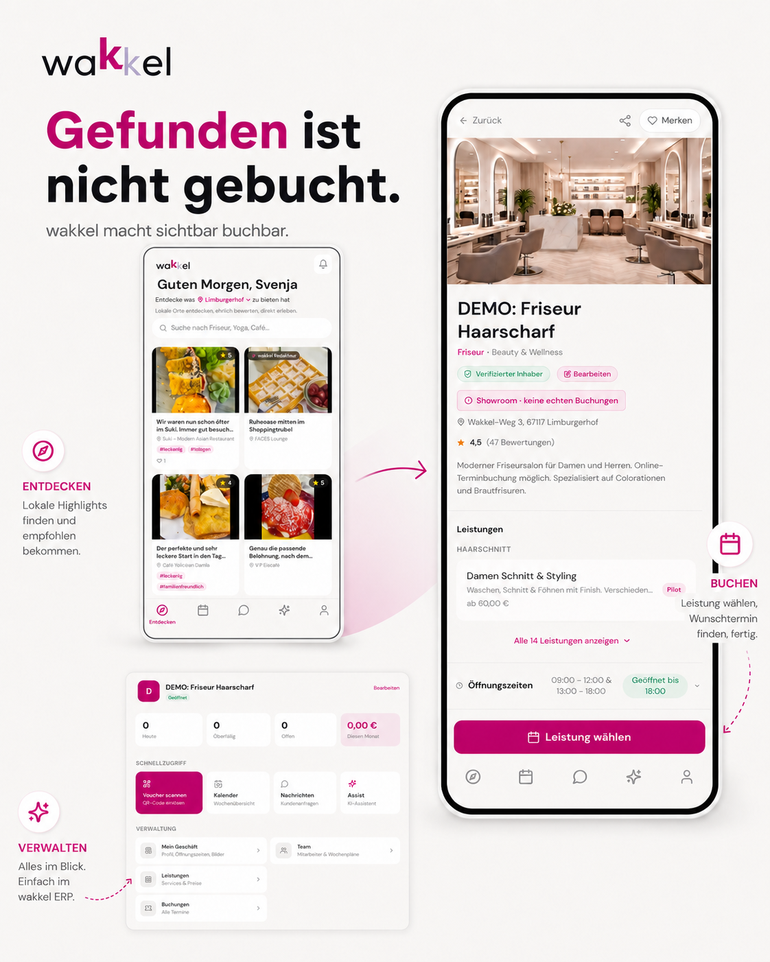 Bildmontage der wakkel-App unter der Zeile „Gefunden ist nicht gebucht“: links der Entdecken-Feed mit Beiträgen zu Orten aus der Nachbarschaft, in der Mitte die Detailseite eines Friseursalons mit Leistungen und Buchen-Schaltfläche, unten das Betriebs-Werkzeug mit Kalender und Terminen